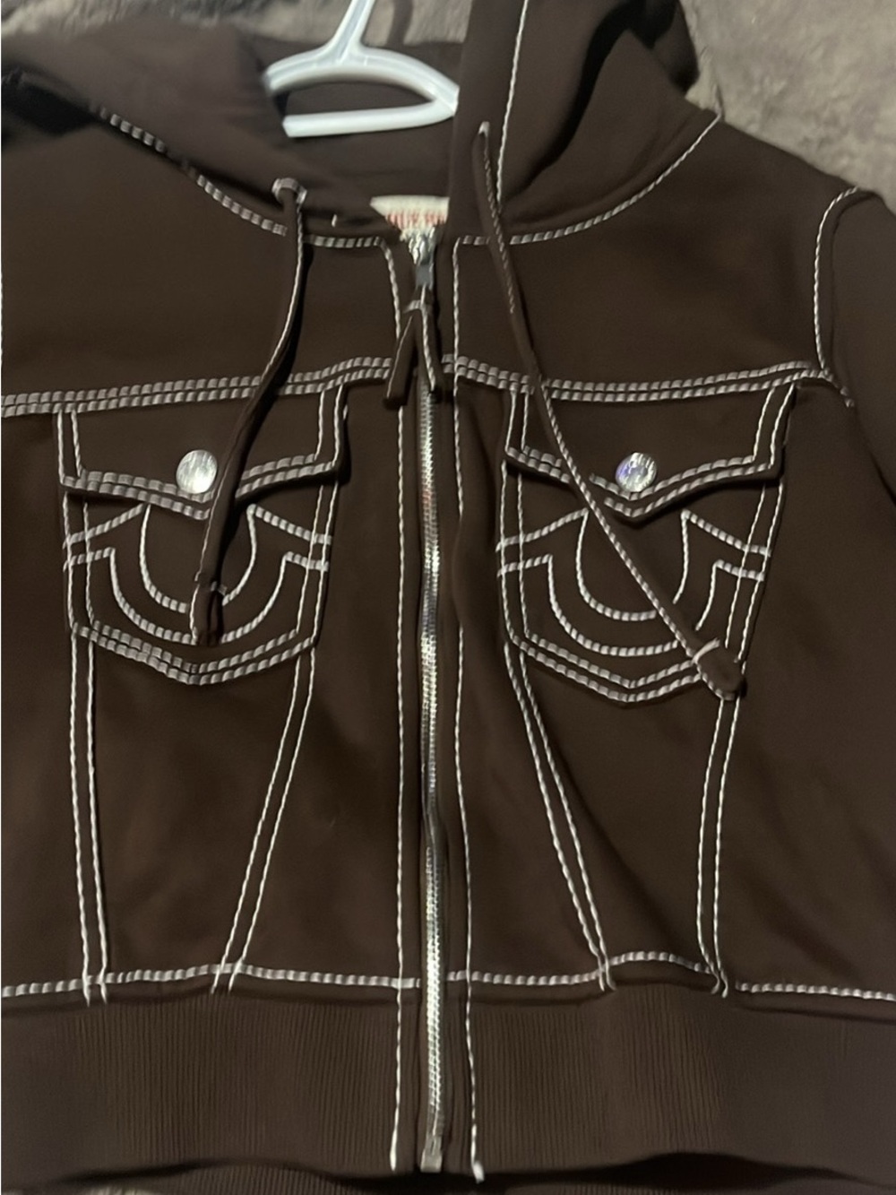 True Religion Brown Jacket with Cream Label and Red Logo - Picture 3 of 3